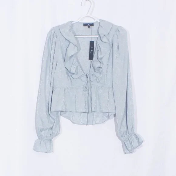 NWT LULUS Charming Style Light Blue Floral Satin Ruffle Long Sleeve Top Size L - Picture 5 of 10